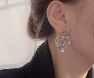Clip on 1 1/2" silver & purple stone heart earrings w/dangle pearl