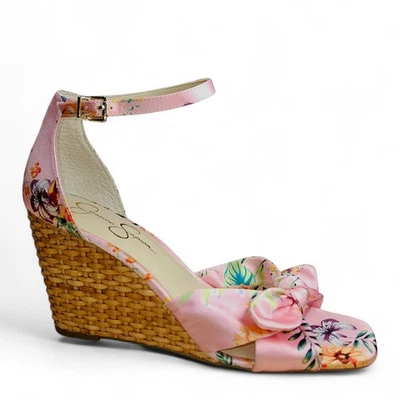 Jessica Simpson Wedge Sandal Size 10 Pink Buckle Ankle Strap Bow Floral Tropical - Image 1 of 4