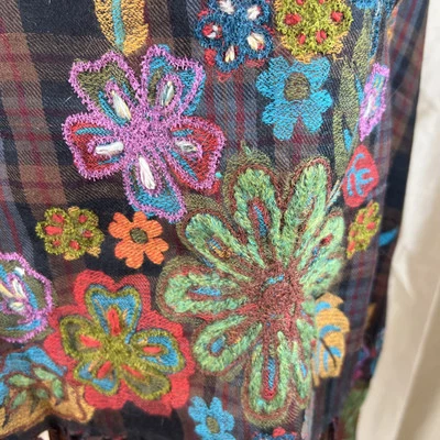 Embroidered Floral Plaid Background Boho Fringe Scarf Shawl Wrap Wool  28" x 72" - Image 1 of 4