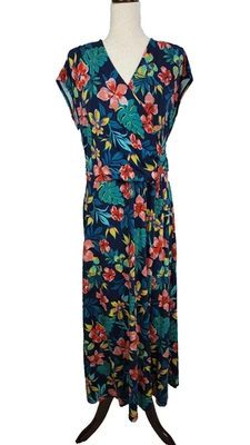 Land's End Dress Womens Large Petite Blue Tropical Pima Cotton Jersey Knit Wrap - Image 1 of 4