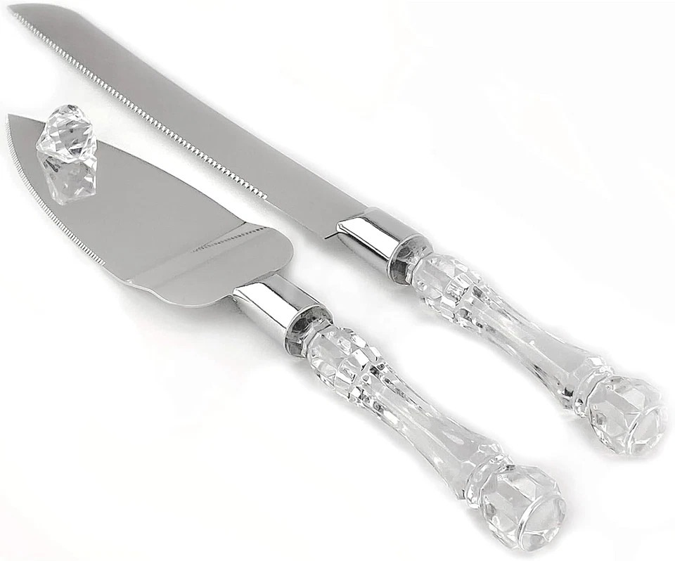 Adorox Wedding Cake Knife and Server Set Acrylic Stainless Steel Faux Crystal Handle