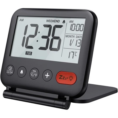 Digitaler Reisewecker, Mini Wecker, LCD, Temperatur, Kalender, Snooze, schwarz - Bild 1 von 2