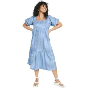 Antiguo Vestido Midi Azul Marino Calce Acampanado Manga Abullonada Algodón-Popelina Calado Bolsillos M - Imagen 1 de 9