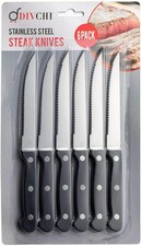 6 X Steak Knives Stainless Steel Knife Set Kitchen Cutlery Meat Serated Wooden