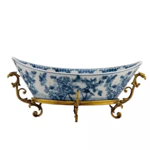 Blau & Weiß Blume Porzellan Pflanzgefäß/Mittelstück mit Bronze Ormolu-14,5''L - Bild 1 von 9