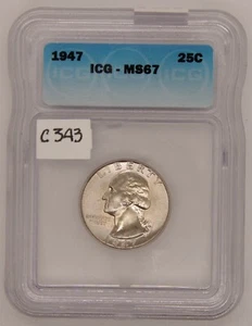 1947 Washington Silver Quarter, ICG MS67, Graded in Holder, American Coin, - Picture 1 of 4