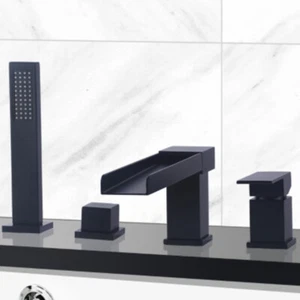 Bathtub Black 4 PCS Waterfall Spout Mixer Deck Mount Taps Hand Sprayer Faucet - Picture 1 of 5