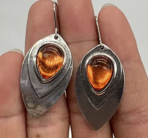 Crystal Dangle Earrings Orange Bead Inlaid Antique Metal Carving Pattern - Picture 1 of 1