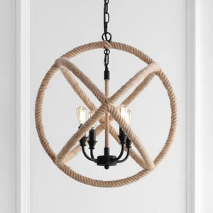 JONATHAN Y LED Chandelier 20" 4-Light Adjustable Globe Metal Rope Black Brown - Picture 1 of 9