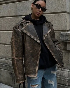 Women's New Oversized Brown Leather Bomber Jacket Baggy Style Biker Outwear Coat - Picture 1 of 4