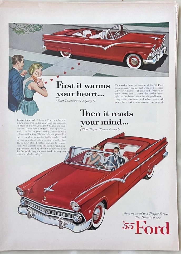1955 magazine ad for Ford - Warms heart, reads mind, red convertible - Image 1 of 1