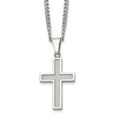 Stainless Steel with Grey Carbon Fiber Inlay Small Cross Pendant Necklace 20" - Image 1 of 4