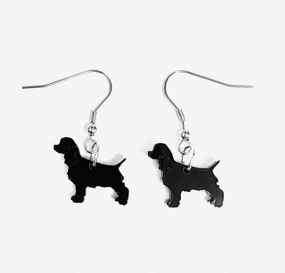 Cocker Spaniel Dog Drop Dangle Earrings Black with 316L Surgical Steel Hook Gift — 第 1/1 张图片