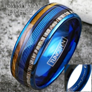 Personalized Engraved Blue Tungsten Ring Fishing Line-Whiskey Barrel Deer Antler - Picture 1 of 9