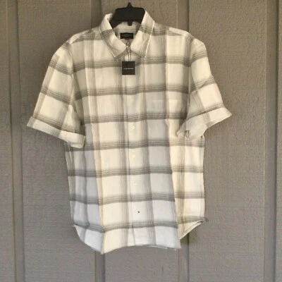 Club Monaco Plaid Shirt Size XL Men Roll Cuff Short Sleeve Linen Blend Button - Image 1 of 4