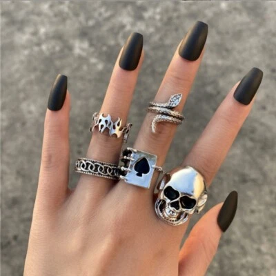 5 pc Silver Boho Stack Skull Above Knuckle Ring Snake Midi Finger Tip Rings Gift - Image 1 of 3