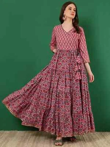 Mujeres Indias Rosa Motivos Étnicos Rayón Estampado Anarkali Acampanado Largo Kurta Kurti - Imagen 1 de 8