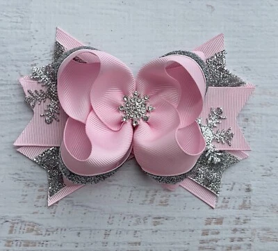 5” Pink And Silver Snowflake Boutique Hair Bow - Image 1 of 2
