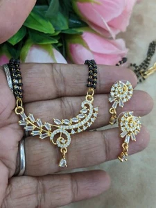 Set di ciondoli donna donna perline nere indiane Mangalsutra catena nuziale cz. pietra d. sposa donna - Foto 1 di 6