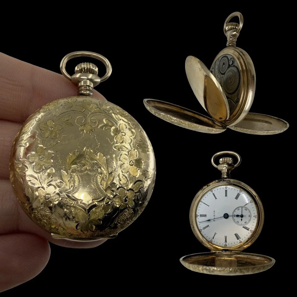 Runs FULL HUNTER Antique 1908 ELGIN 14k Gold Filled Pocket Watch WADSWORTH 0s 7j - Image 1 of 4