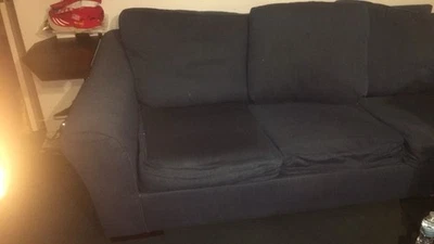 92 Inch Ashley Furniture Sofa Couch with Pillows In Blue Fabric; Contemporary - Image 1 of 4