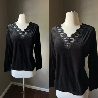 Vintage Y2K 90s Velvet Top Medium Black Lace Long Sleeve Romantic Goth Fairy - Image 1 of 4