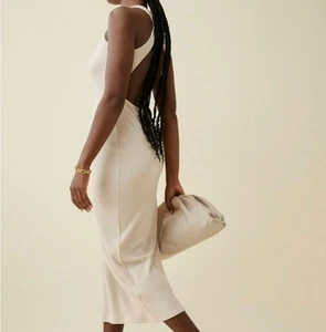 Reformation Open Back Midi Dress Size Medium Bone Ivory Rib Knit Tank Stretch - Picture 1 of 10