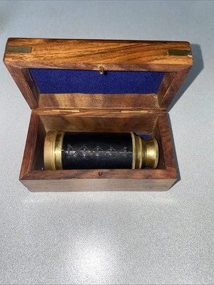 Vintage 6" Brass Telescope W/ Navy Anchor Emblem Wooden Box - Works Fine - Image 1 of 4