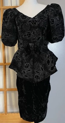 70s Formal Floral Peplum Dress 13/14 Glitter Velvet Puff Sleeve Union Made Black - Image 1 of 4