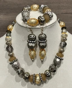 Rustic Elegance Jewelry Set Necklace Earrings Bracelet Gold Silver Amber - Picture 1 of 7