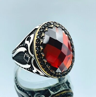 Men Simulated Ruby Red Stone Ring 925 Sterling Silver Ring Turkish Handmade Gift - Image 1 of 4