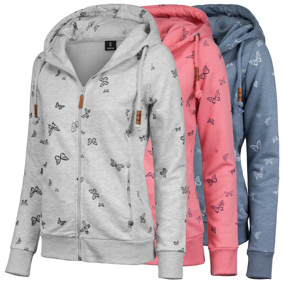 SUBLEVEL Damen Sweatjacke Sweat Jacke mit Kapuze Schmetterling Butterfly Print - Bild 1 von 1