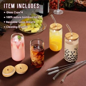  Lids and Glass Straw 4pcs Set - 16oz Glass Cups, Iced Coffee Glasses - Picture 1 of 7