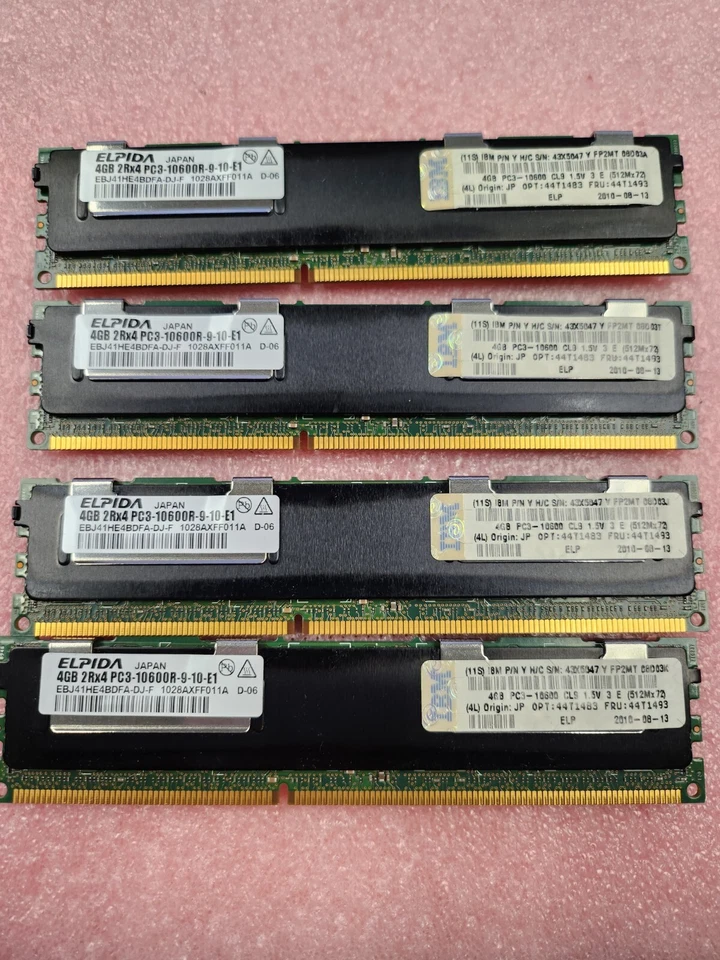 Elpida 16GB (4x4GB) EBJ41HE4BDFA-DJ-F PC3-10600R SERVER Memory 43X5047/44T1483 - Image 1 of 1