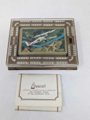 Vintage Hoyle Stancraft Travel Cribbage Board w/ Fighter Plane Deck, 5" x 3.75" - Image 1 of 4