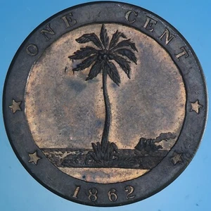 LIBERIA CENT 1862 RAME COPPER COIN FDC CURRENCY COLLEZIONE NUMISMATICA - Imagen 1 de 2