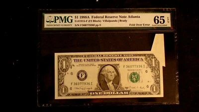 RARE 1988 A $1 Federal Reserve PMG 65 EPQ FOLD OVER  ERROR NOTE ATLANTA Bill! - Image 1 of 4