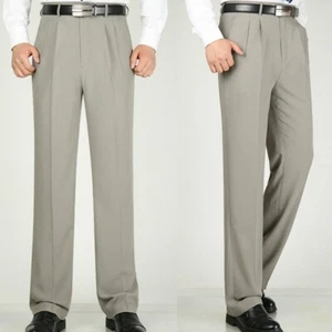 Mens Formal Dress Pants Business Suit Straight Leg Trousers Pleated Front Office - Picture 1 of 19