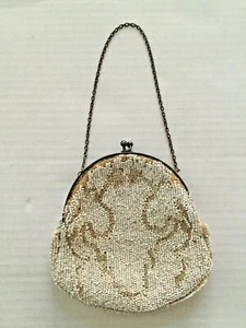 Vintage Antique White Beige Bead Small Lined Flapper Chain Purse  Used - Picture 1 of 12