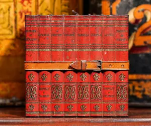 Rare English Huntley & Palmer Antique Red Books Advertising Biscuit Tin - Picture 1 of 12