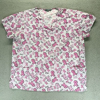 Wear For Care Pink Ribbon Love AOP Womens 1X Plus VNeck Short Sleeve Scrub Top - Image 1 of 4