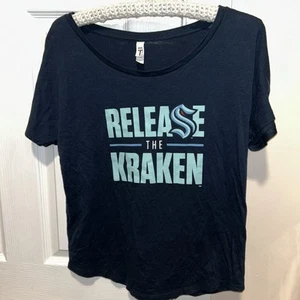 Women's Medium Seattle Kraken Release The Kraken Hockey NHL Navy Blue Logo Shirt - Picture 1 of 5
