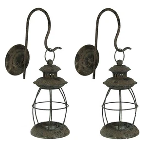 Zeckos Set of 2 Distressed Black Wall-Mounted Metal Candle Sconces Lanterns - Picture 1 of 4
