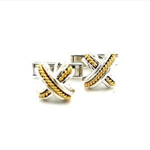 Tiffany & Co Estate X Signature Cufflinks 18k Y Gold + Sterling Silver TIF297