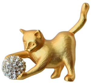 Cat Brooch Gold Tone Rhinestones Ball Cats Lover Gift Jewelry Kitten Kitty - Picture 1 of 3