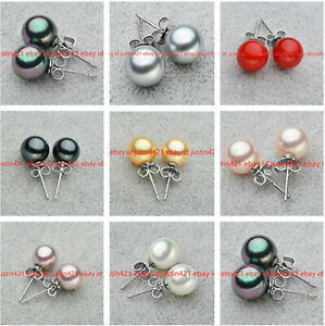Natural 8/10/12/14mm South Sea Shell Pearl Round Beads 925 Silver Stud Earrings