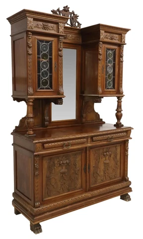 Antique Sideboard, Renaissance Revival, Carved, Walnut, Crest, Mirror, 1800's! Cover