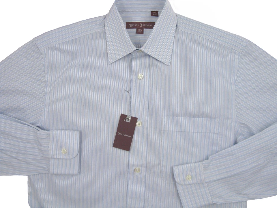 全新 $195 Hickey Freeman 正装衬衫! 17 x 长 (38) 白色、蓝色和黑色条纹 — 第 1/1 张图片