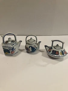 3 Miniature Vintage Chinese Teapots Hand painted-Fruit Design- Pink/Yellow/Blue - Picture 1 of 13