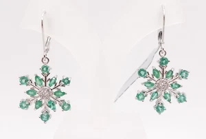Sterling Silver 925 2.05CT Winter Snowflake Emerald & CZ Dangle Earrings 1.5" - Picture 1 of 4